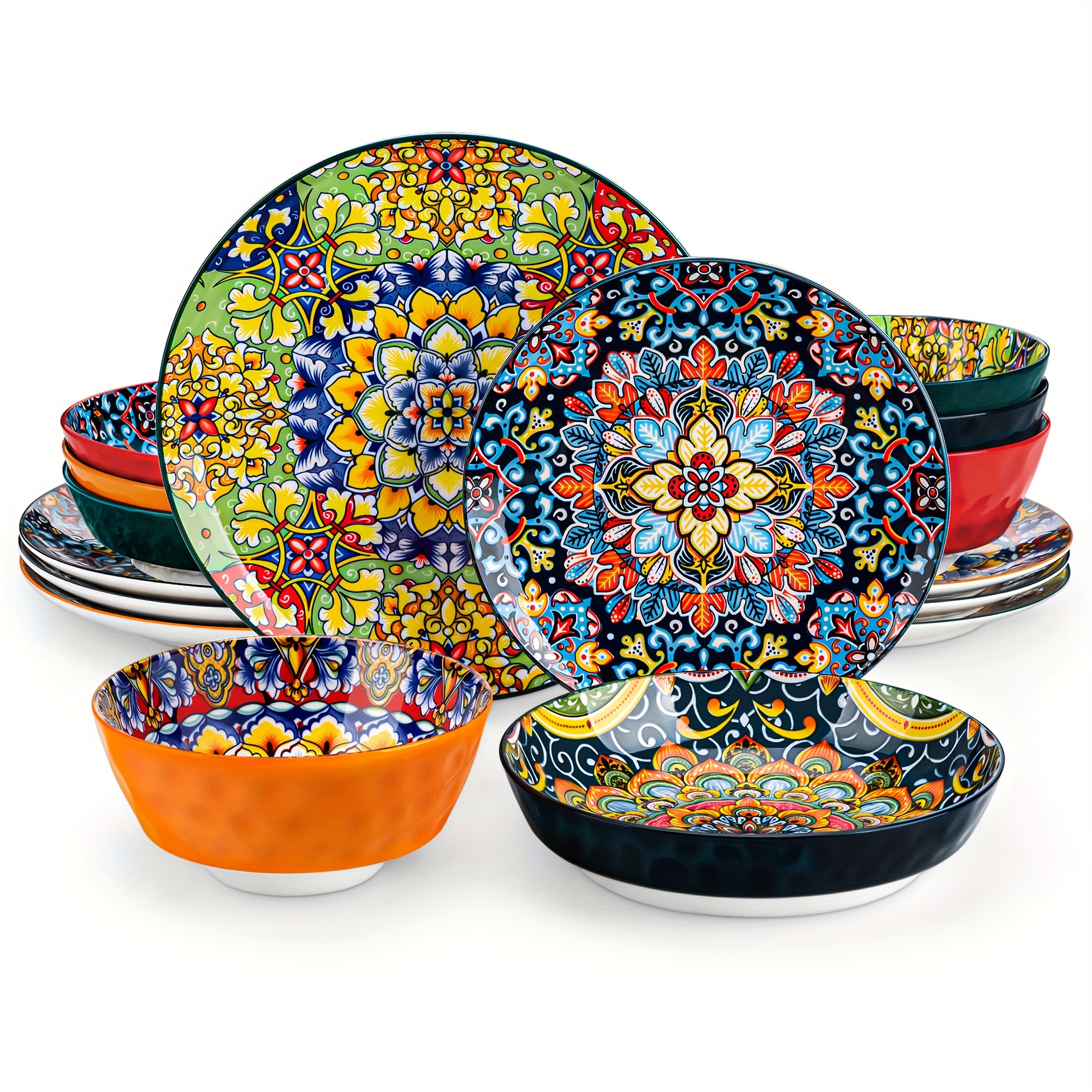 E-shop 16-teiliges Geschirrset im Bohemian-Stil aus Steinzeug mit Teller, Dessertteller und Pasta-Schüsseln für 4 Personen
