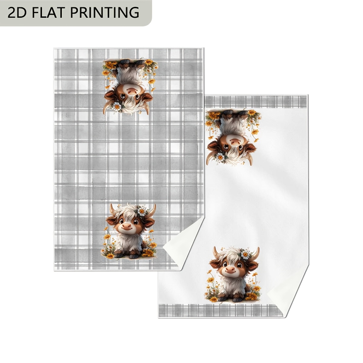 Image of Of 2, Adorable Highland Cow Floral Kitchen Towels For Spring/summer, Perfect For Dining Room, Bathroom, And Holiday Gatherings