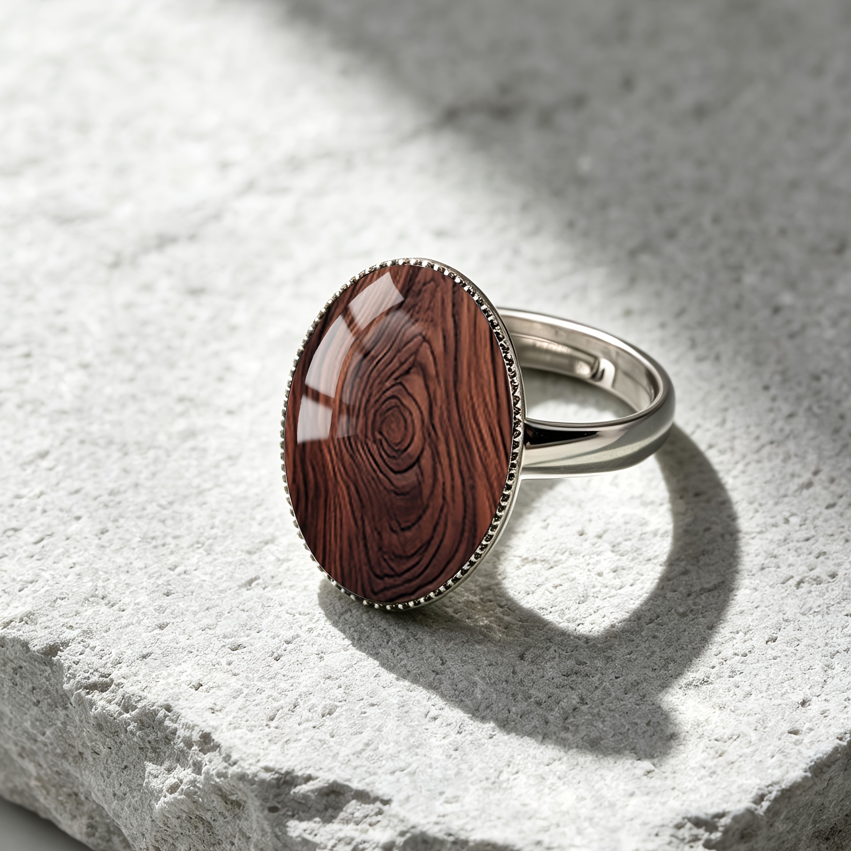 Dark Brown Swirl Wood Grain Pattern Stainless Steel Oval Open Ring