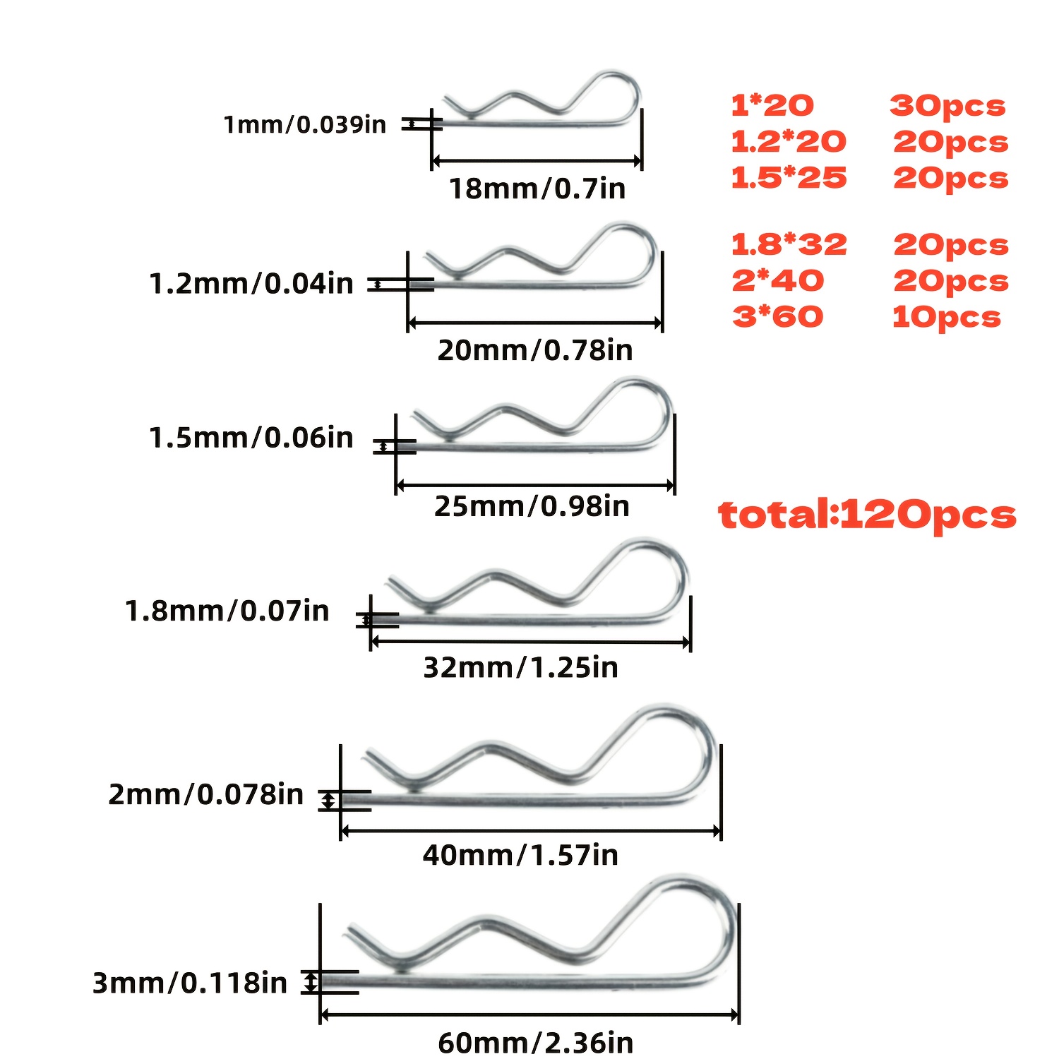Image of 120pcs Cotter Pins 6 Sizes Hardware Pins -hitch Pin Clip Spring Retaining Pins Heavy Duty Cotter Pin Assortment Kit - Perfect For Mechanics, Lawn Mowers, & Rv Owners,m1/m1.2/m1.5/m1.8/m2/m3