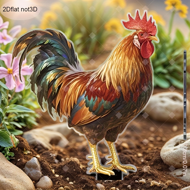 E-shop 2D Flach, 1 Stück flacher Hahn mit roter Krone und bunten Federn, geeignet für Außendekoration im Garten, Blumentopf, Rasen und > Outdoor-Deko >