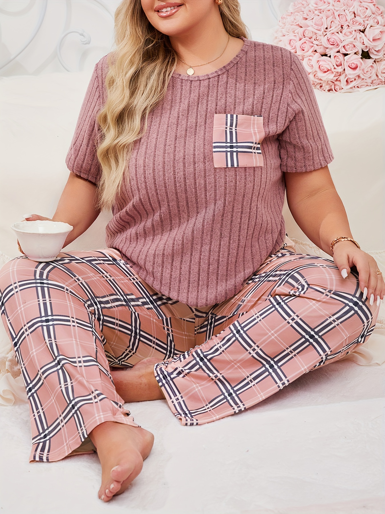 women's plus size short sleeve long pants loungewear set Temu