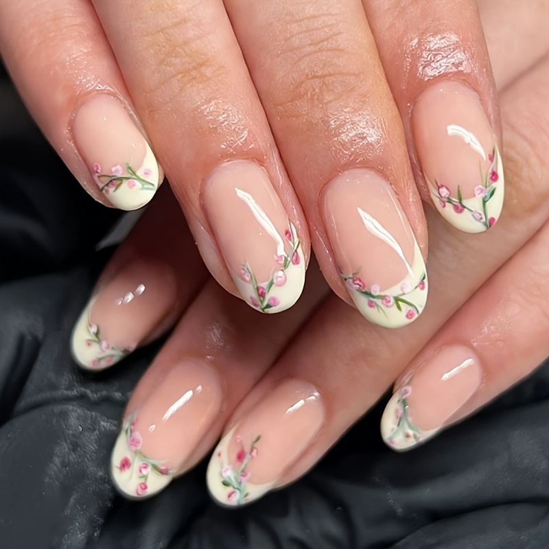 TEMU 24pcs 24pcs Short Oval Press-on Nails Suitable For Extension With Floral Branch Design & Creamy Yellow Edge - Glossy European Style False Nails,