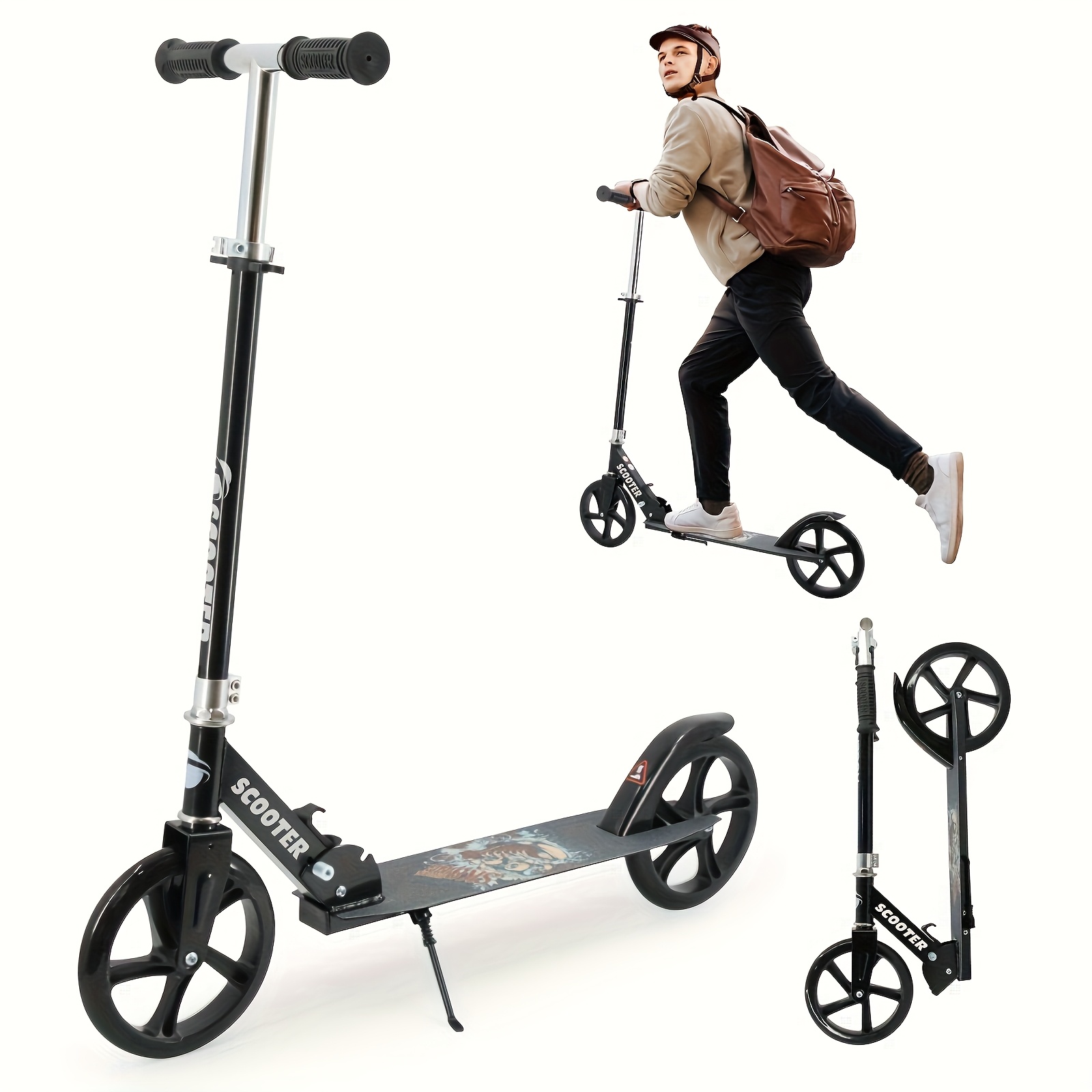 TEMU Scooter 14+ Teens & Adults, Foldable With 8-inch , Kickstand, 3 Adjustable Levels, Rear Brake, 220 Lbs