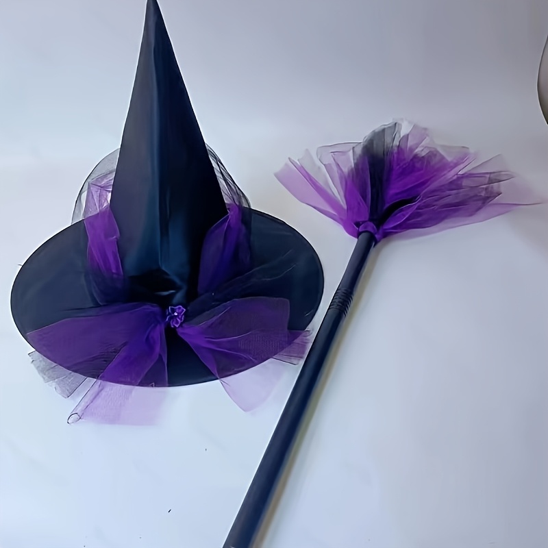 Image of New Halloween Witch Hat And Broom Detachable Prop, Festival Party Decoration Supplies, Witch Hat And Broom, 2pcs
