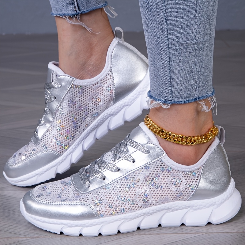 Tennis Shoes Sequin Silver Shoes Women's Glitter Sneakers