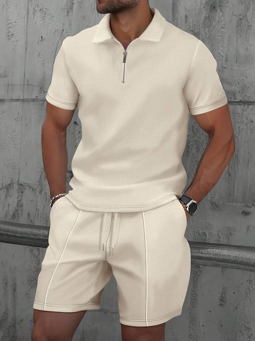 item picture mens waffle knit quarter zip shirt and drawstring shorts set casual summer outfit for daily wear beach vacation