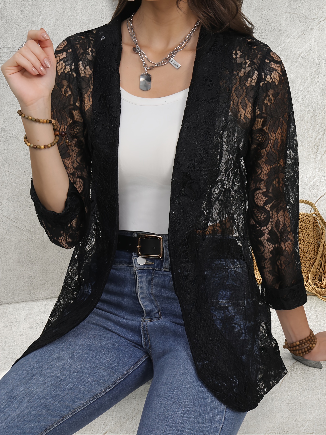 Floral Lace Lapel Blazer, Elegant Long Sleeve Open Front Outwear For Spring & Fall, Women's Clothing