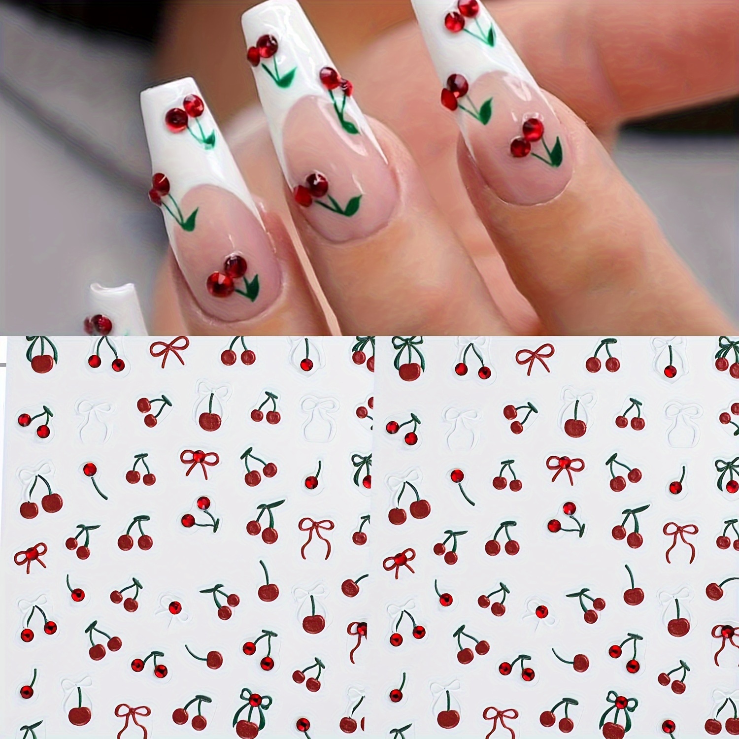 

5d Cherry Blossom Nail Art Stickers Decals - 2 Sheets Spring Nail Cherry Designs With Embossed Crystals, Self-adhesive Plastic Nail Embellishments, Glossy Floral French Tip Diy Decor, Single-use