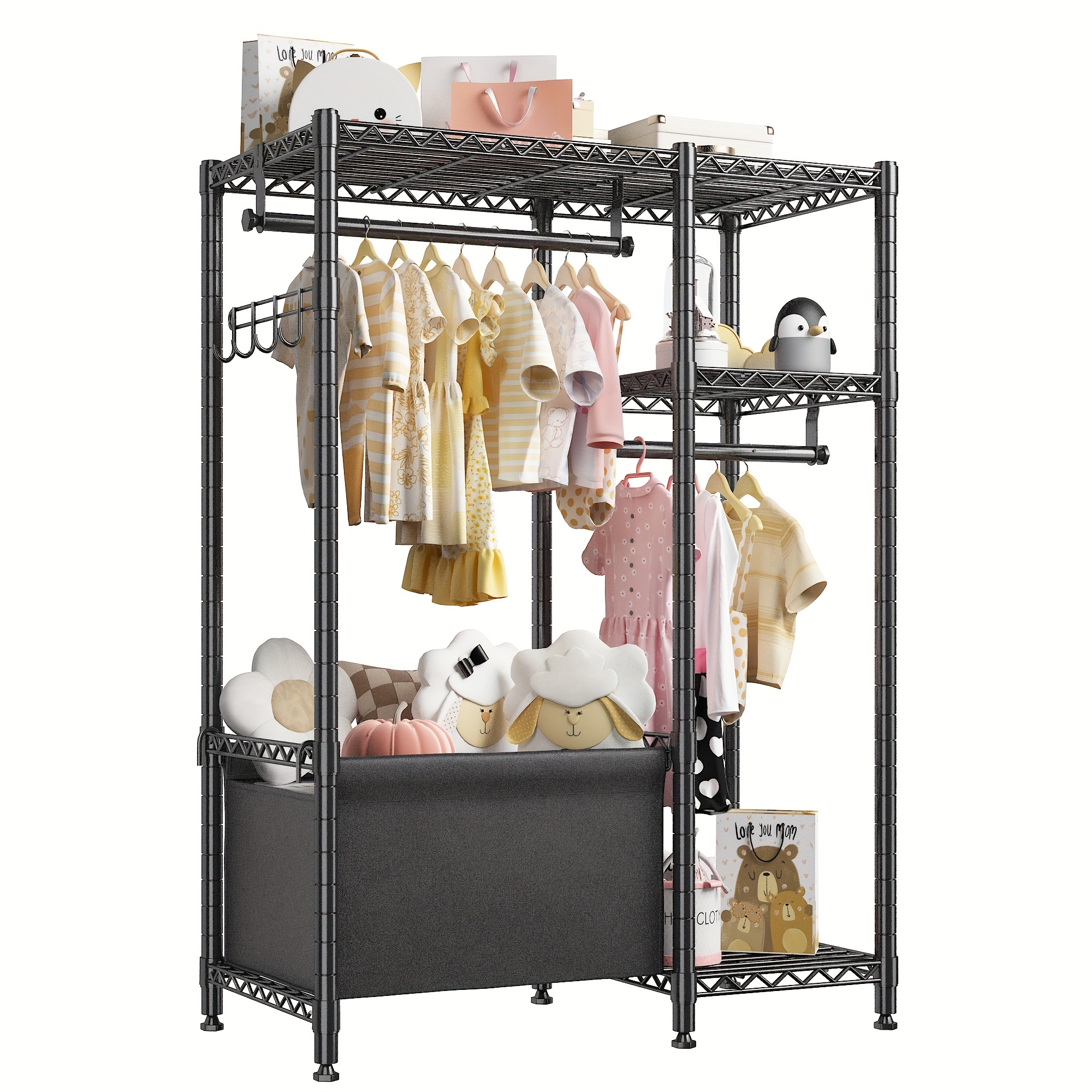 

Small Clothing Racks For Hanging Clothes, Kids Clothes Rack With Storage Basket, Petite Portable Closet Rack With Shelves For Boys And Girls Room, 55.2" H * 37.9" W * 13.5" D, Black