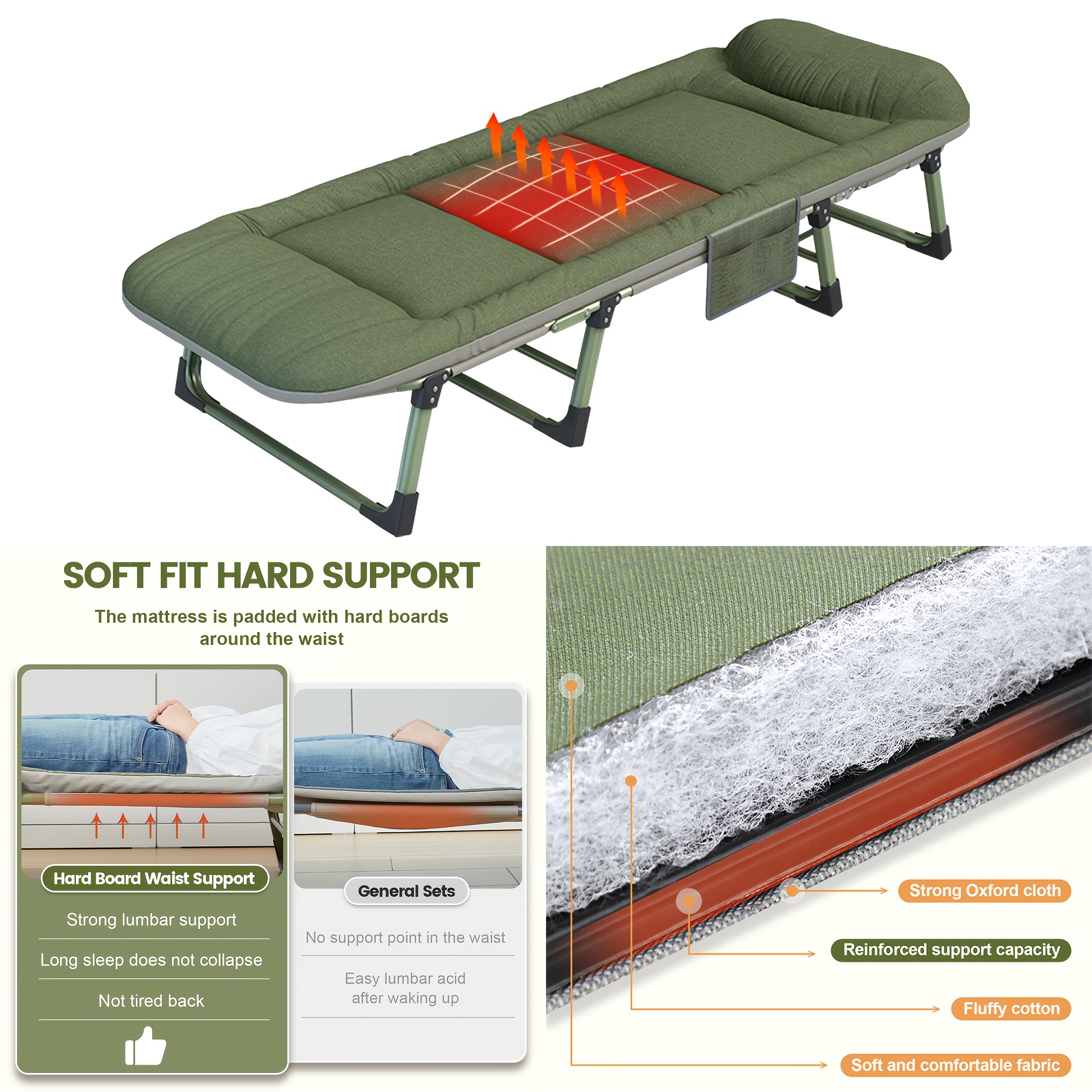 Image of 190cm Adult Camping Bed With 6 Adjustable , Folding Sleeping Bed, 900 Lbs Heavy-duty Travel Bed, Suitable For Camping, Courtyard, Indoor And Outdoor Use