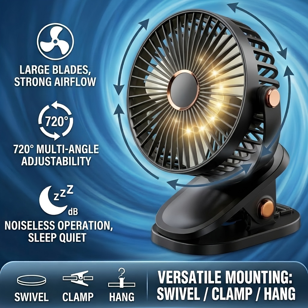 Portable Clip-on Desk Fan, 360° Rotatable, 5-speed Adjustable, , Rechargeable 18650 Lithium Battery, Usb Charging, Clip-on Fan For Tent, Bedroom, Office, Gym, And Outdoor Use