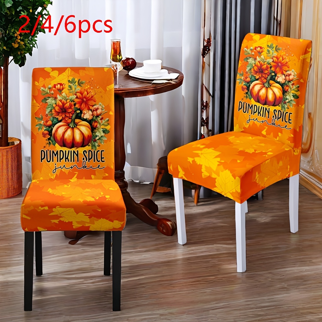 

Dining Chair Covers - 2/4/6pcs Pumpkin & Maple Leaf Print Stretchable Slipcovers In Soft Fabric - Machine Washable, Stain & Dust Resistant For Thanksgiving & Fall Decor