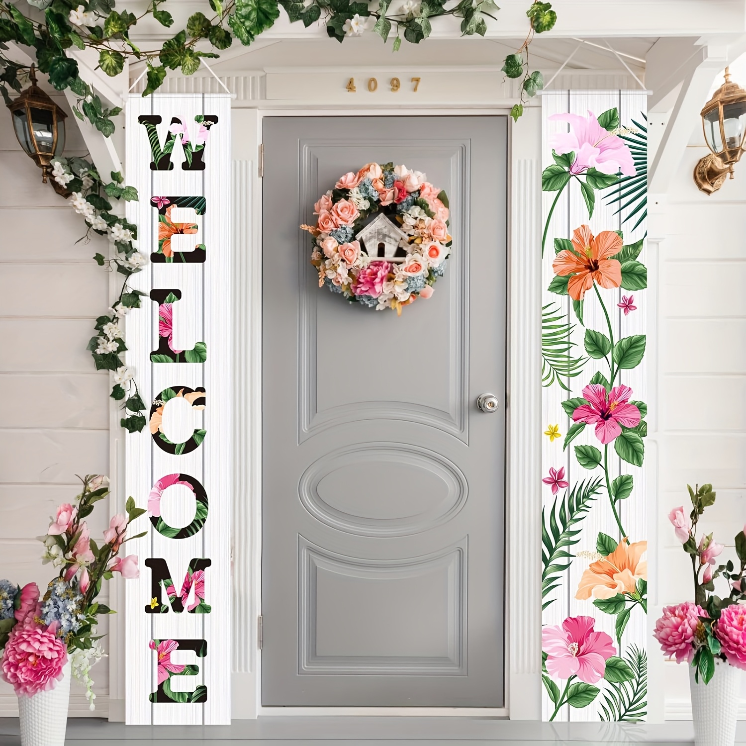 

2-pack Polyester Welcome Door Flags, Floral Hanging Banners, Seasonal Decor, 71x12 Inch, No Electricity Needed, For Outdoor, Porch, Wall, Wedding, Farmhouse, Indoor Use