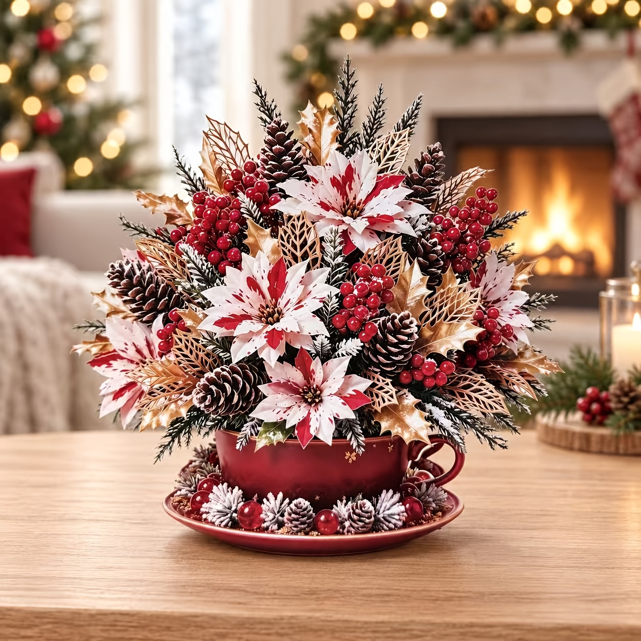 TEMU Carte de vœux de Noël 3D 1 pièce, de tasse à thé rouge avec un blanc, décorée de pommes de pin, de et de . Une carte de vœux de fêtes pliable,