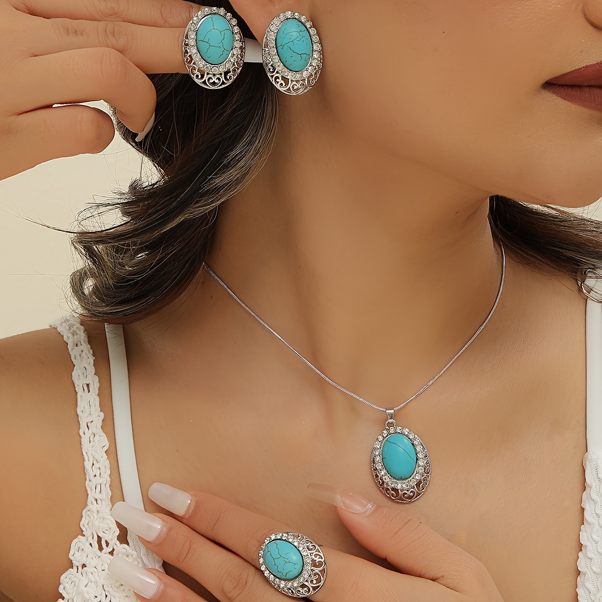 

-piece Set Of Ring, Earrings And Necklace In Bohemian Style With Turquoise For Women