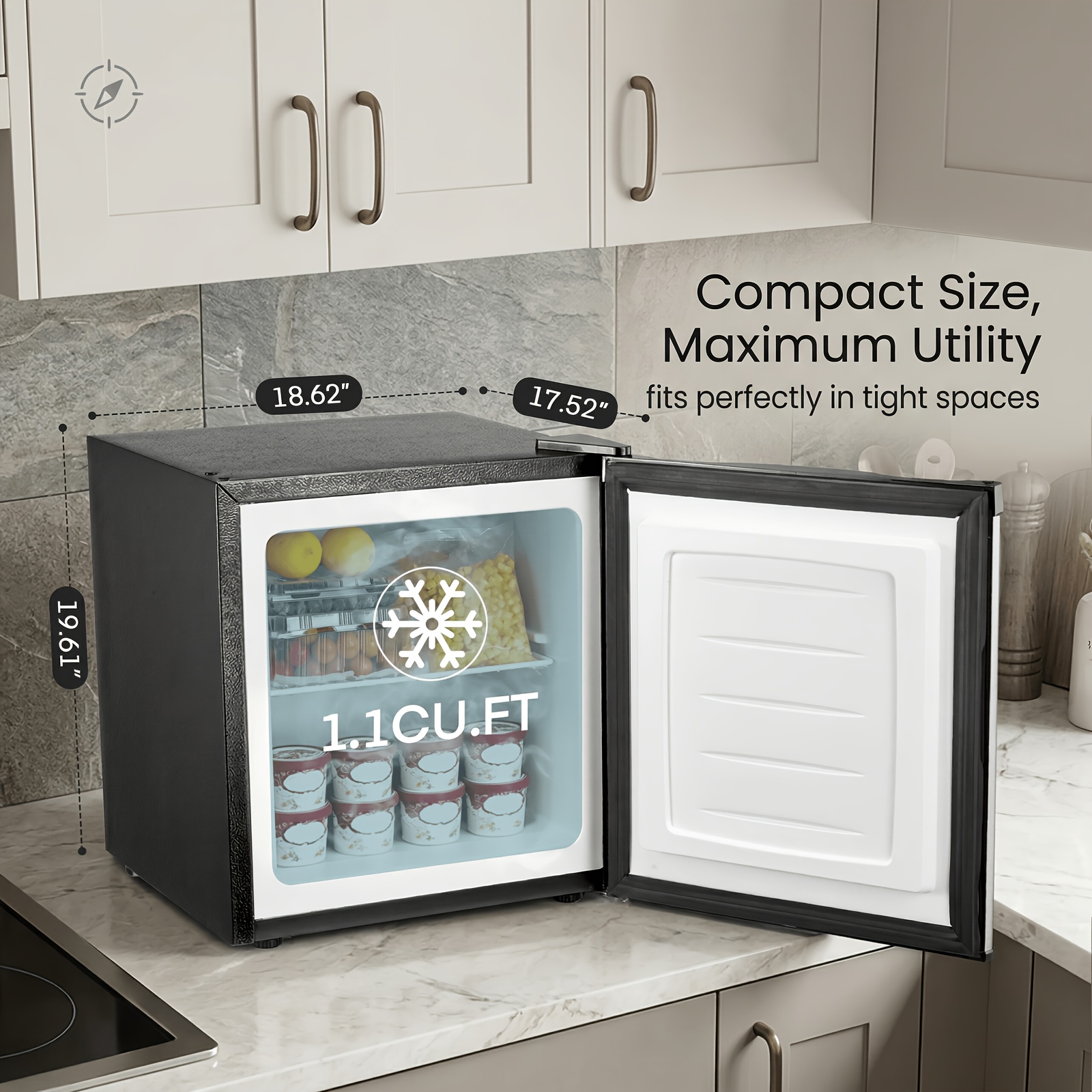 Compact 1.1 Cu.Ft Countertop Mini Freezer, 43dB Ultra Quiet, Reversible Door, Removable Shelf, Adjustable Thermostat For Bedroom Or Dorm