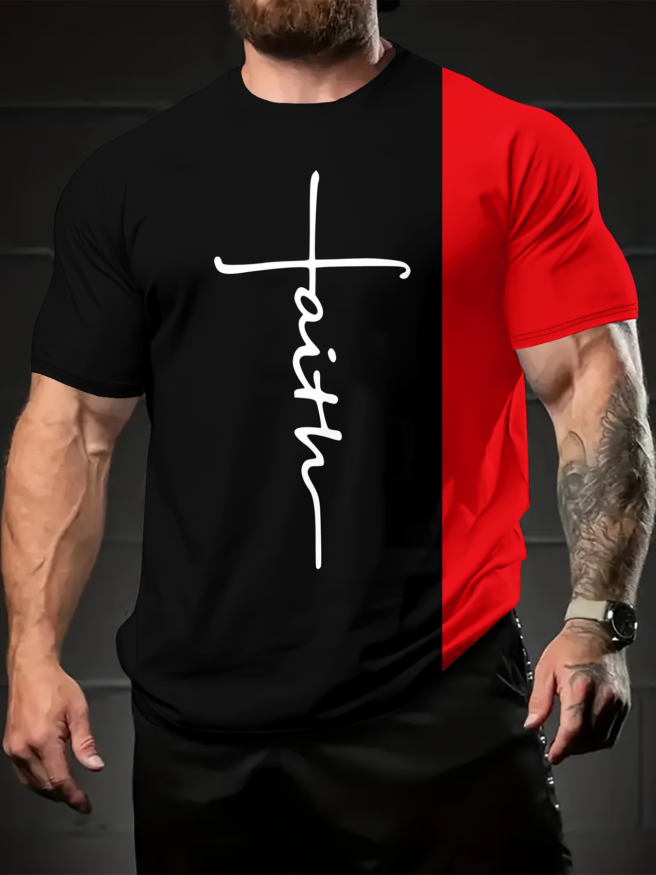 creative alphabet print crew neck short sleeve t-shirt for men, casual summer t-shirt for daily wear and vacation resorts black red 0