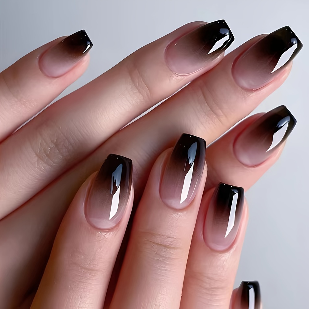 

24-piece Set Black Gradient Ballet Shaped Medium Length Press-on Nails, Fake Nail Tips With Gradient Design
