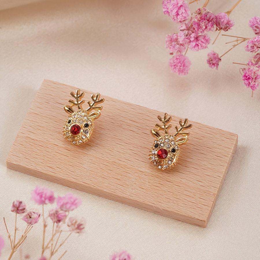 1 Pair Of Rhinestone Reindeer Stud Earrings, Deer Head Decorative Earrings, Suitable As Jewelry For Daily Wear, Parties, Christmas, And Other Gatherings