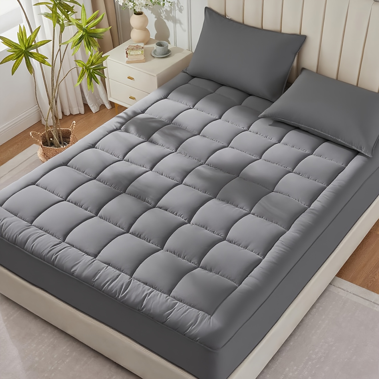 TEMU 1pc Deep Pocket Mattress Topper Queen Quilted Mattress Protector, Breathable Microfiber Fill Cooling Mattress Topper, Soft Sheet Mattress Topper