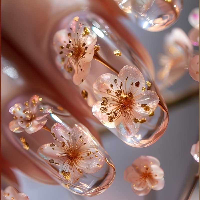 TEMU 24pcs Large Press- Nails Suitable For - Detachable Floral Nail Art With Glossy, Color Ballerina Nail Tips, Machine- Salon Application (no Nails)