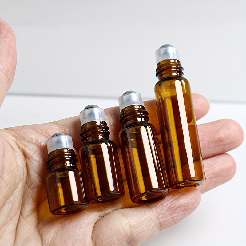 30pcs Amber Glass Roller Bottles 1ml/2ml/3ml/5ml Mini Perfume Essential Oil Vials Container For Cosmetic Skincare Liquid-, Glass Essential Oil Empty Perfume Bottle With Roller Ball And Plastic Cap