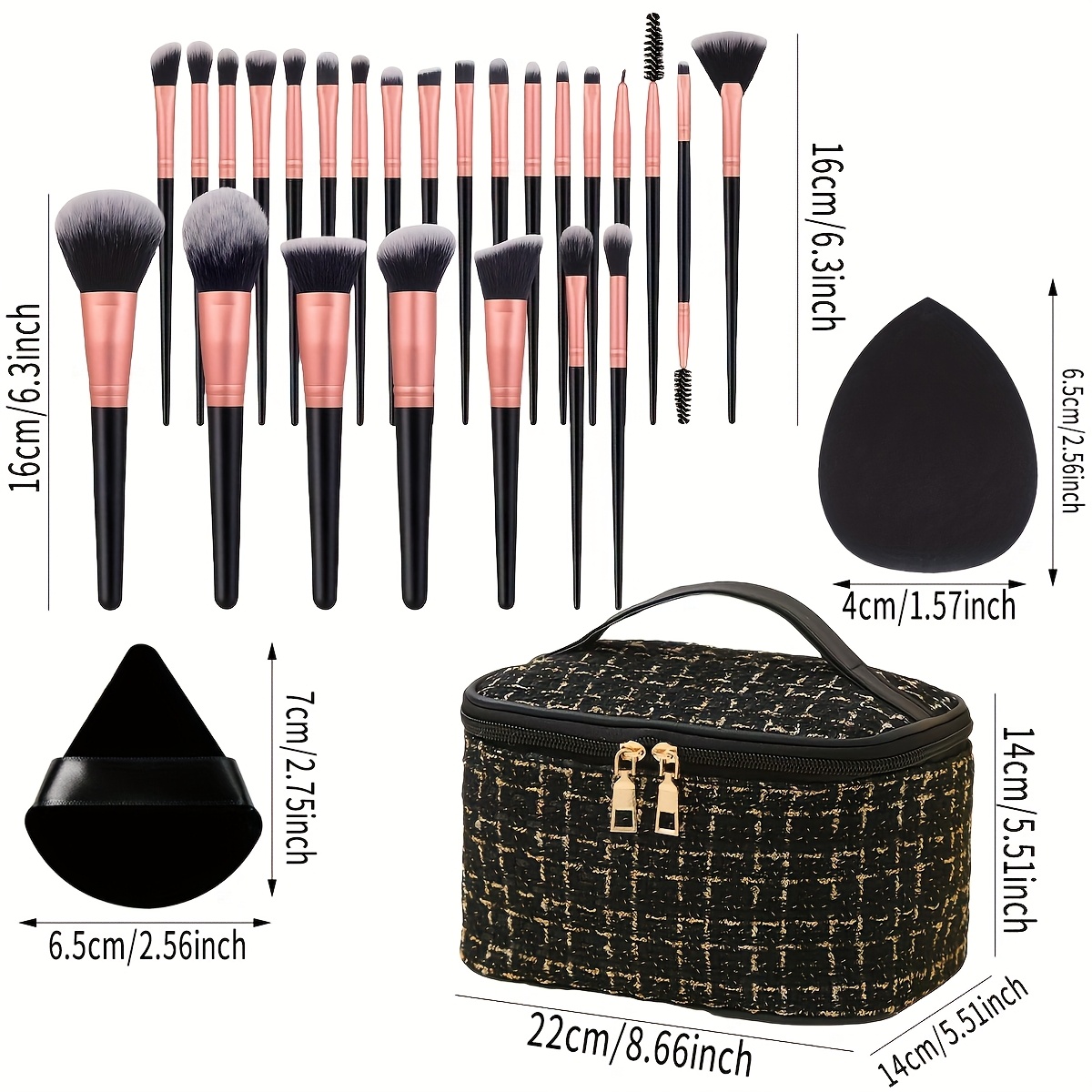 26pcs Trendy Black Complete Makeup Kit with Large-Capacity Bag