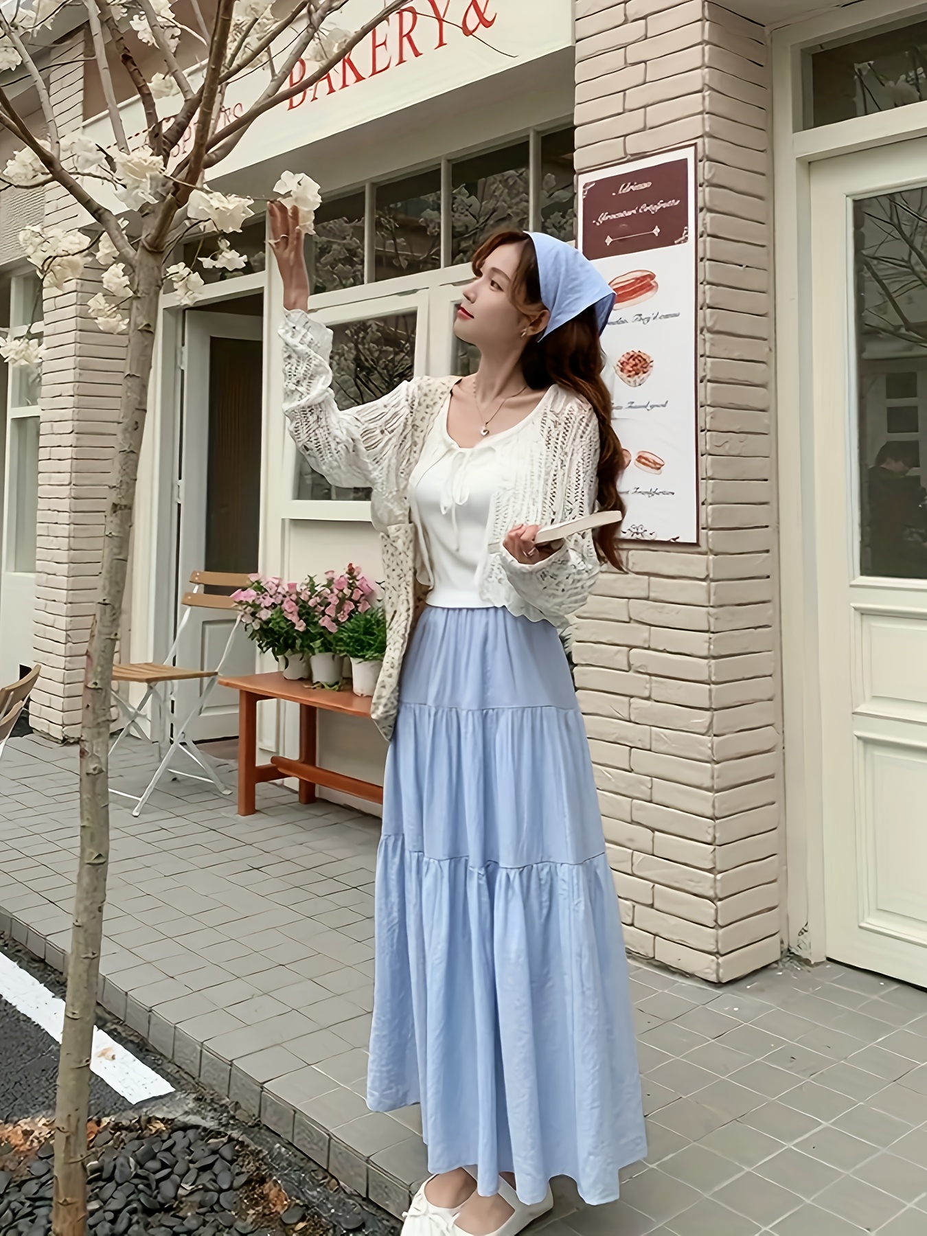 ハーリップトゥ　High-Waist Tiered Long Skirt M women's casual high waist tiered ruffle flowy maxi skirt