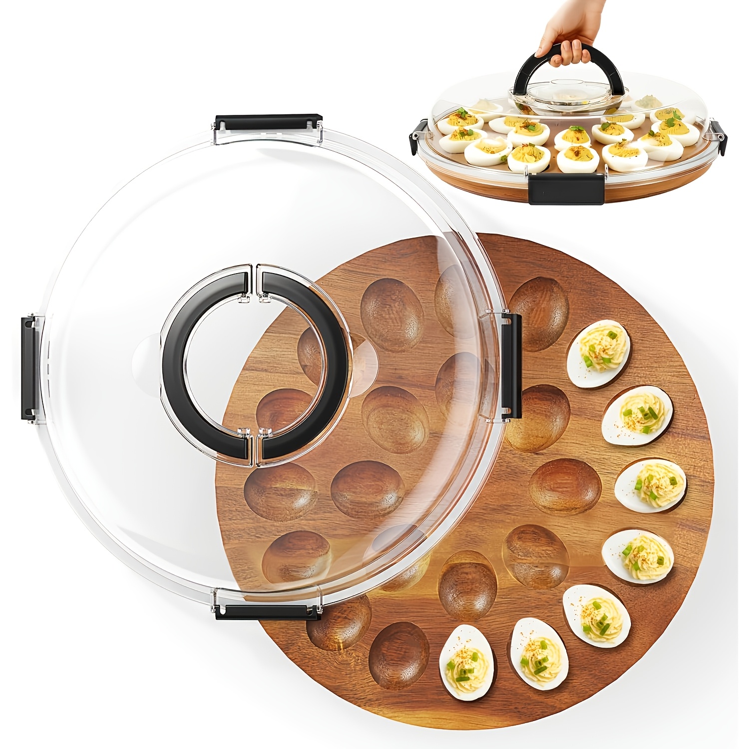 TEMU 2pcs Devil Egg Container [tray + Transparent Locking 4 Lid] - , Repellent, Wooden Egg Tray Platter With 24 Slots For Parties And Home Kitchen,
