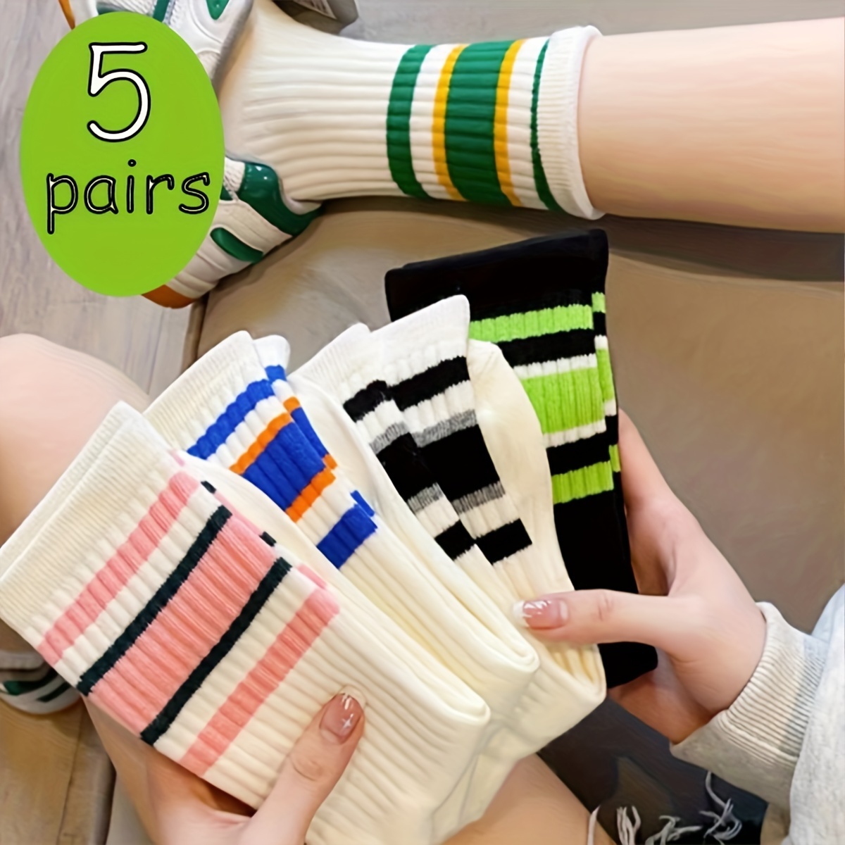 TEMU 5 Pairs Striped Socks, Simple & Breathable Mid Tube Socks, Women's Stockings & Hosiery