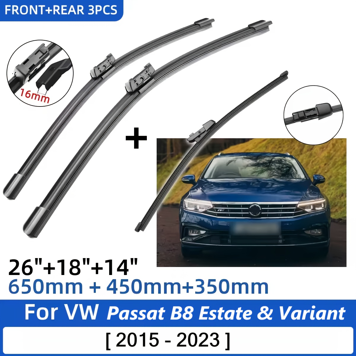 E-shop Front- und Heckscheibenwischer-Set, kompatibel mit VW Passat B8 2017-2023, VW Passat B8 Estate 2015-2020, Boneless Wiper, 3-teiliges Front- und