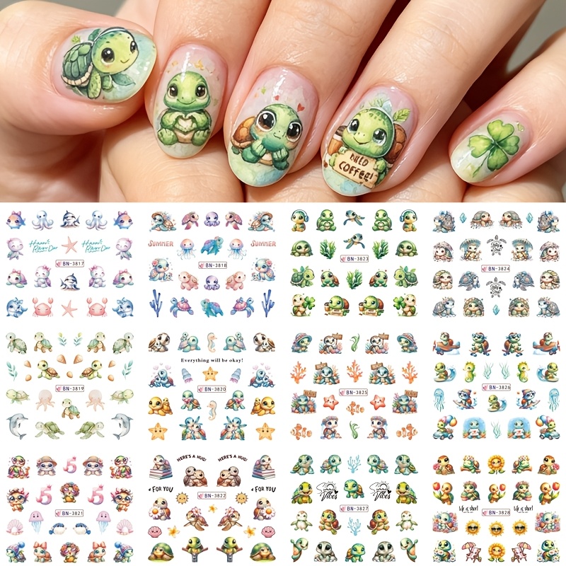 Image of 1 Style Nail Water Transfer Stickers, Cute Summer Turtle Seahorse Starfish Seaweed Pattern Nail Art Decals, Ocean Themed Nail Decorations, Manicure Supplies For Women