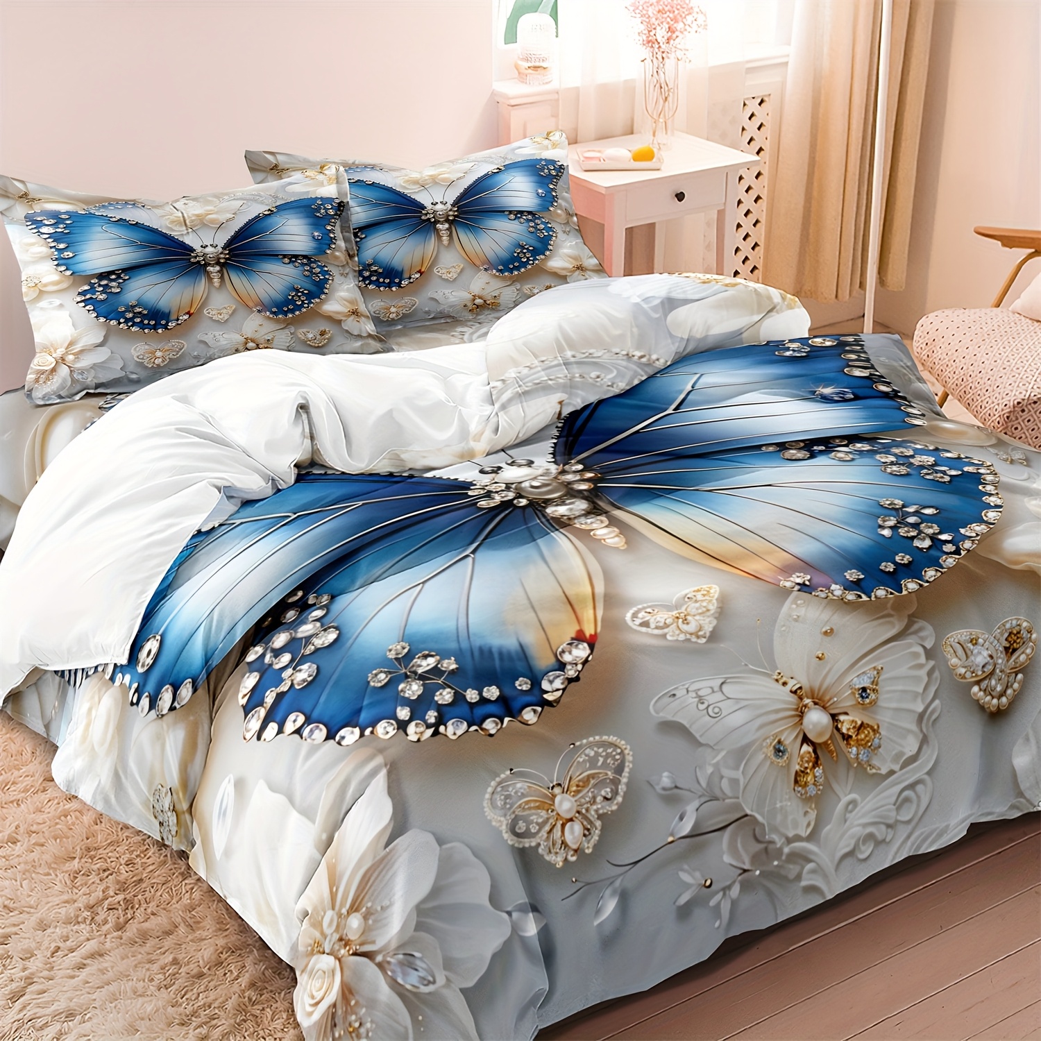 TEMU 3pcs Blue Dreamcatcher Quilt Duvet Cover Bedding Set - 100% Polyester, Fantasy Theme, With Feather Starry Design, Queen & King Quilt Duvet Cover