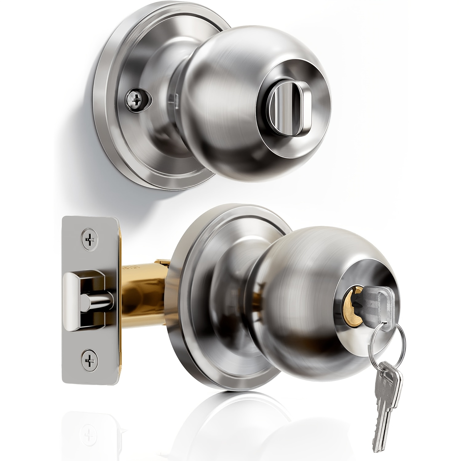 TEMU Entry Door Knob, Bedroom Door Lock With Keys, Heavy-duty Rust-proof Construction, Door Handle For Exterior Interior Security, , Brushed Nickel
