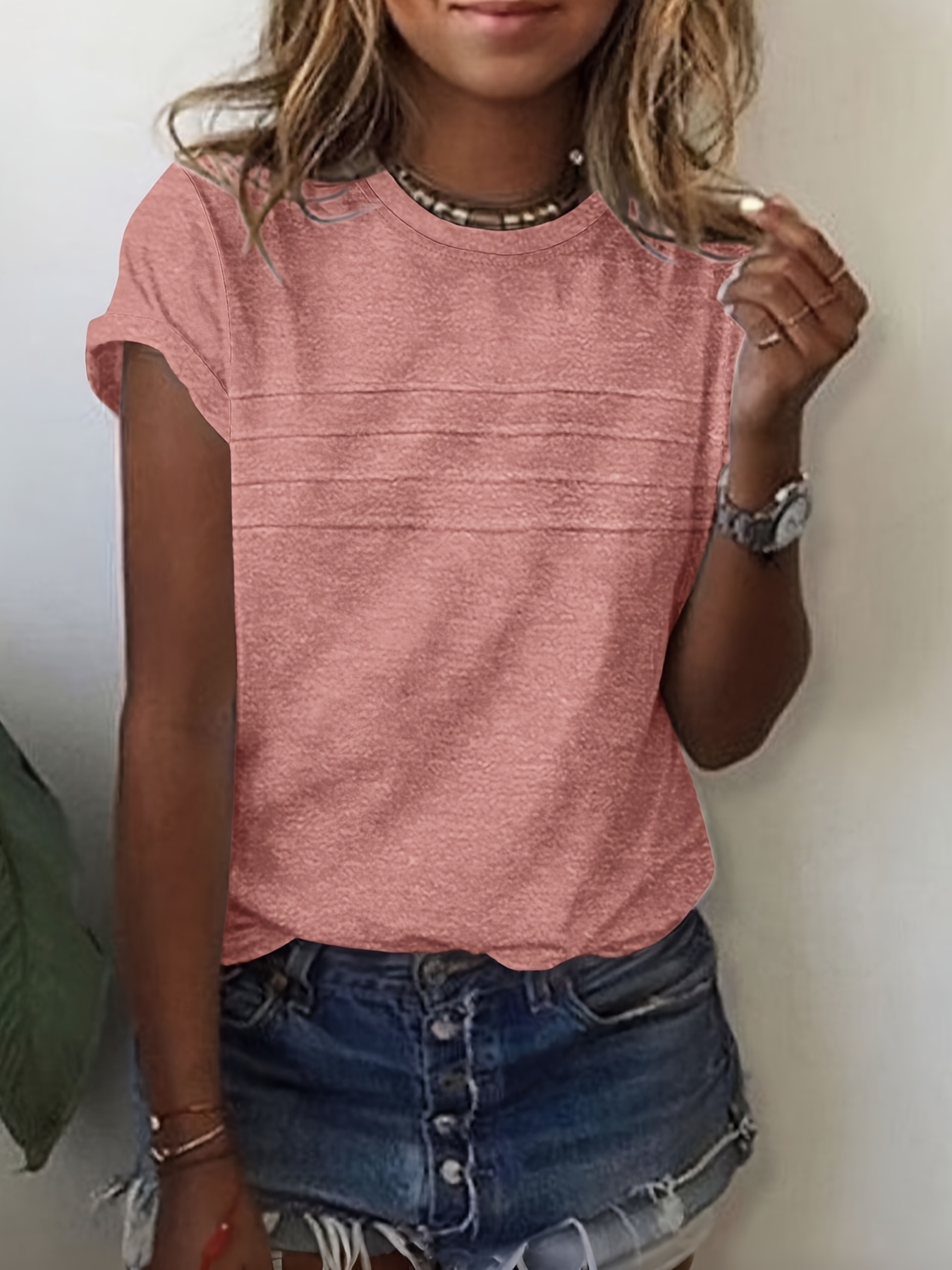 Women'S Stylish Commuting Shirt with Pleated Design at The Chest, Round Neck, And Short Sleeves.