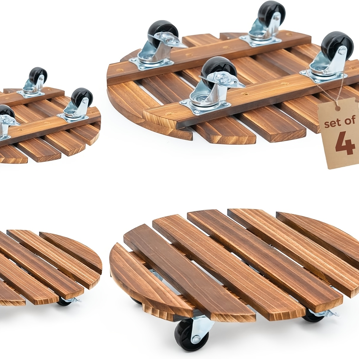 Image of Bamworld Plant Stand With Wheels Plant Caddy Outdoor, 4 Pack 12 Inch Rolling Flower Pot Holder With Swivel And Lockable Casters, For Indoor Patio Plants, Plant Dolly With Wooden Wheels Mobile Rollers