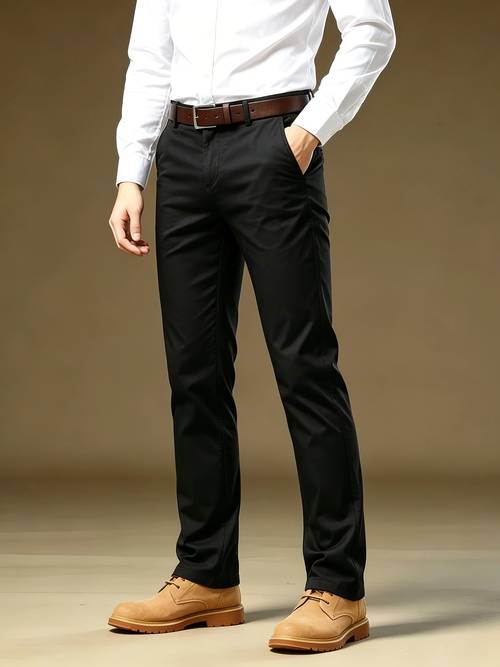 imagen del artículo pantalones de corte casual de pierna para hombre, tela elástica y cómoda, pantalones largos versátiles para , desplazamientos y chinos de negocios