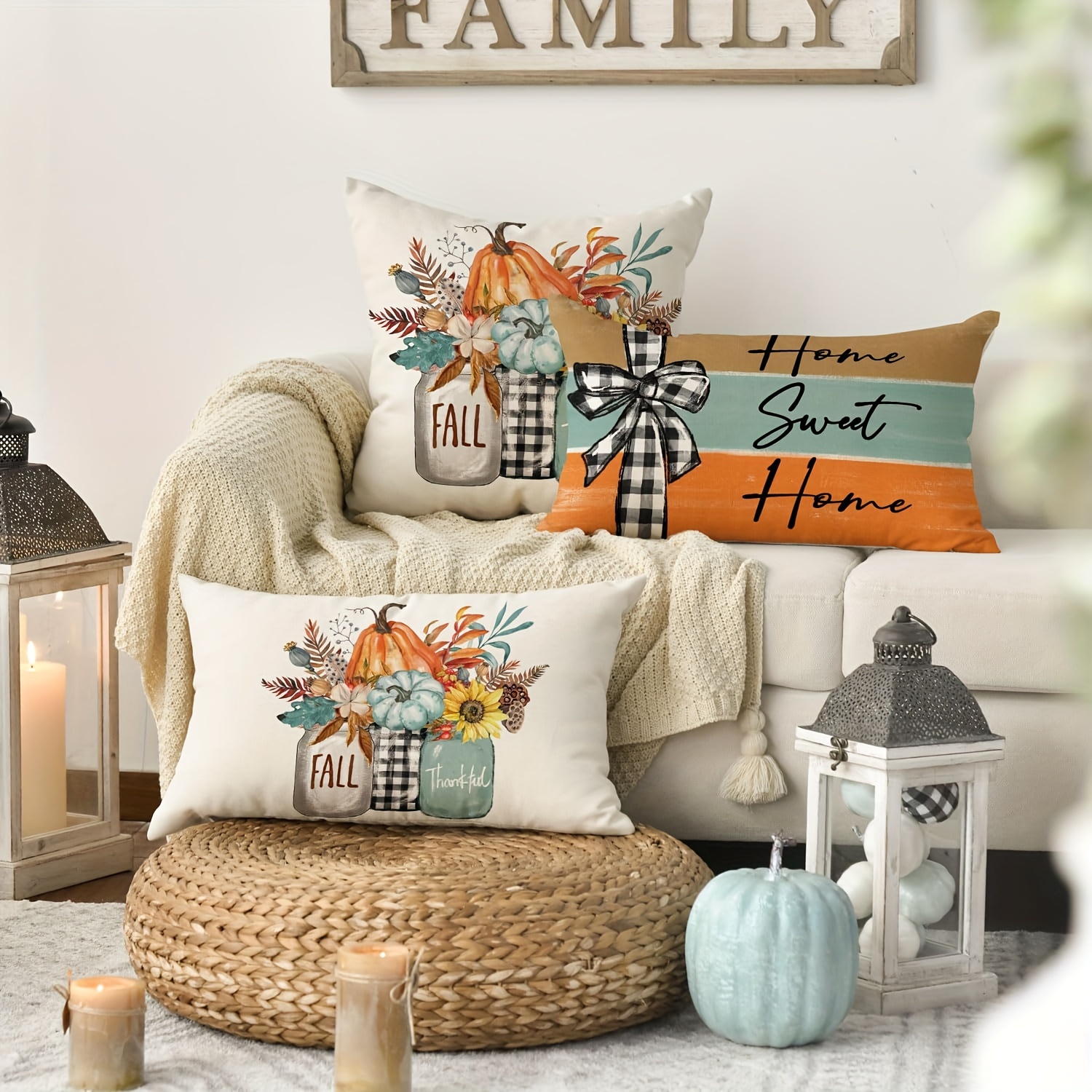 

Sm:)e Fall Pumpkin Home Sweet Home Throw Pillow Covers, Autumn Thankful Grateful Floral Decorations For Sofa Couch Set Of 4