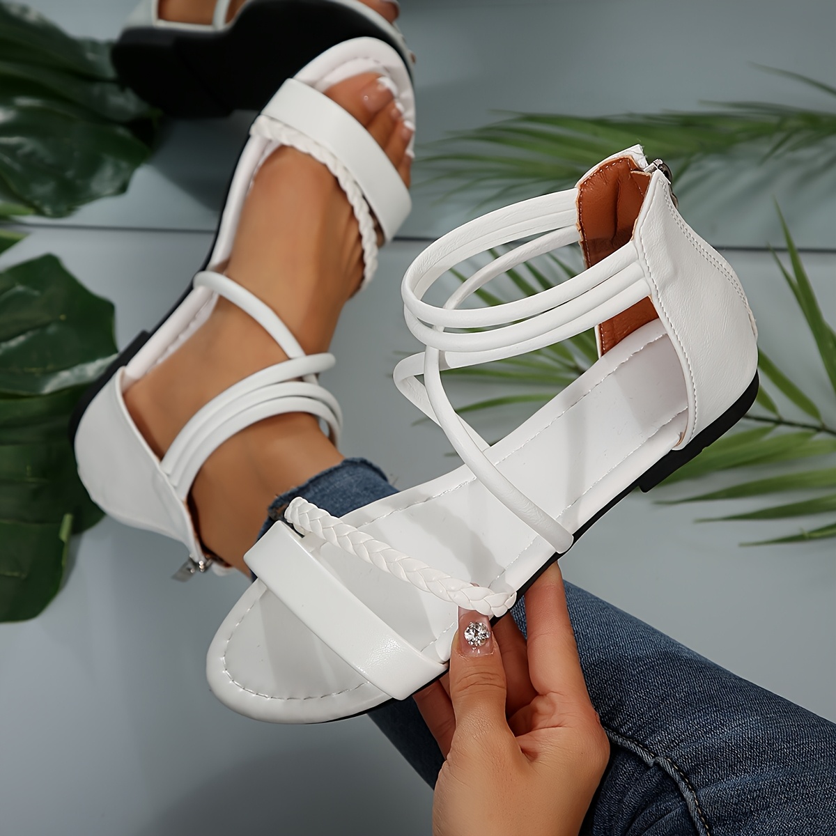 Image of Women's Fashion Flat Sole Thin Braided Round Toe Roman Shoes, Women Shoes