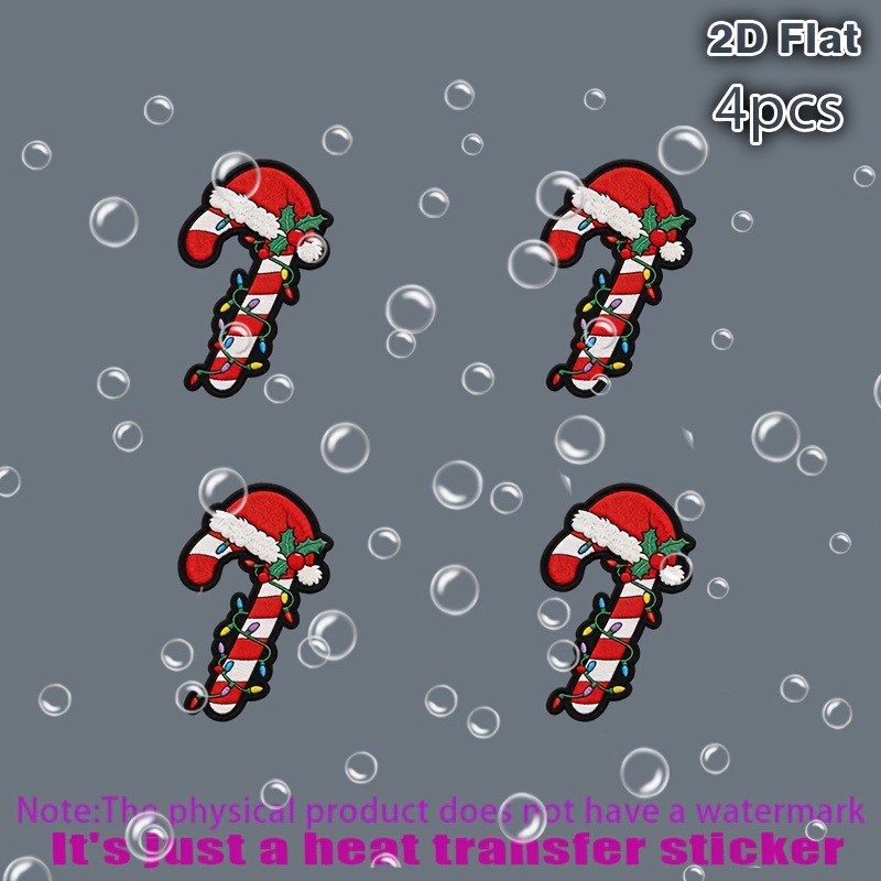 4 piezas de pegatinas de transferencia de calor de Apoyo Para Caminar de caramelo navideño vibrante con rayas rojas, gorro de Papá Noel, acebo y luces de colores, adecuadas para telas planas como ropa, gorros, bolsas de lona, cojines decorativos, cuero, sábanas, alfombras, etc. Se pueden transferir