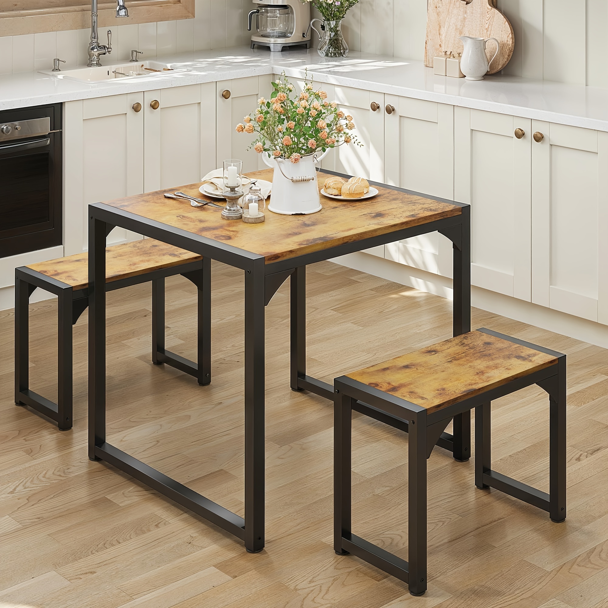 3pcs Solid Wood Dining Set, Double-seater Table With 2 Benches, In Grey/black/, Space-saving Dining Table Set For Dining Room, Kitchen & Living Room, Ideal For Breakfast & .