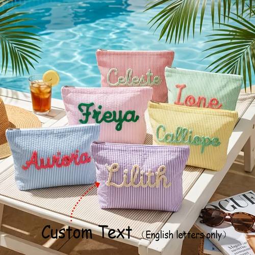 1pc womens clutch bag custom striped seersucker makeup pouch vacation travel bag personalized name toiletry bag summer beach bag bridesmaid gift