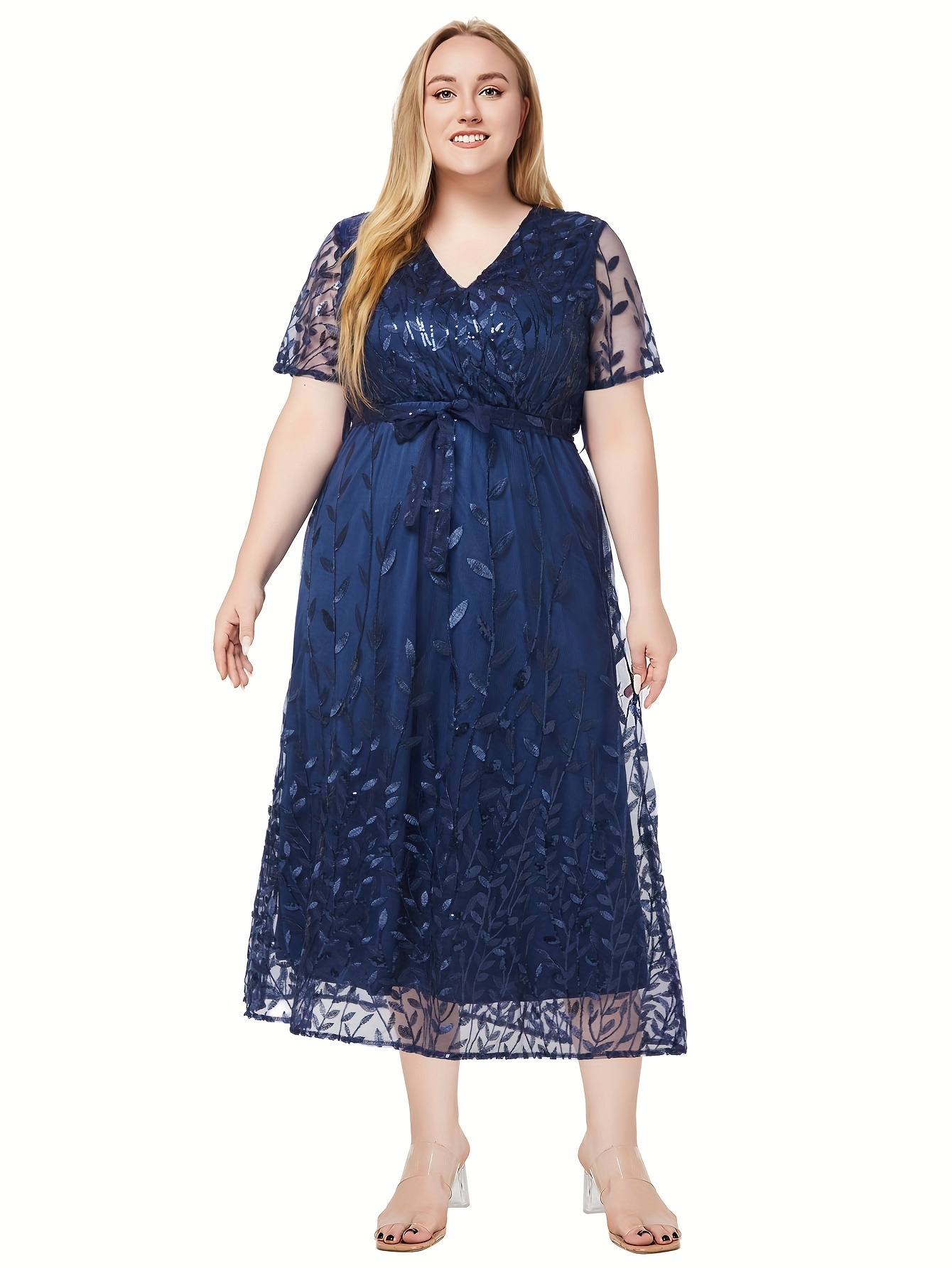 plus size sequined mesh stitching mother of the bride dress elegant v neck short sleeve dress for wedding party womens plus size clothing