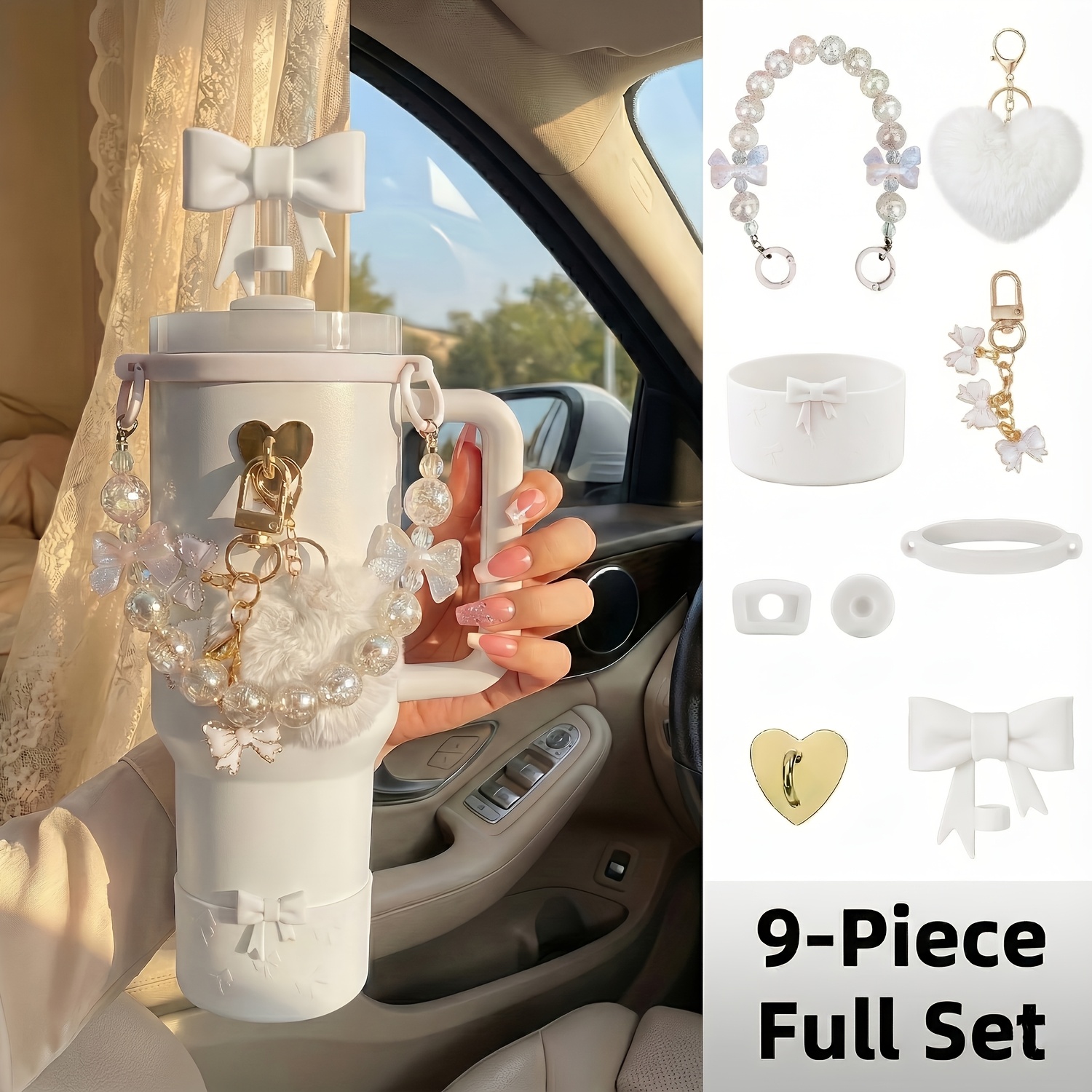 TEMU Ensemble de 9 accessoires à nœud pour gobelet 40oz/30oz - Inclut chaîne à poignée perlée, chaussette en silicone, couvercle de paille, breloque