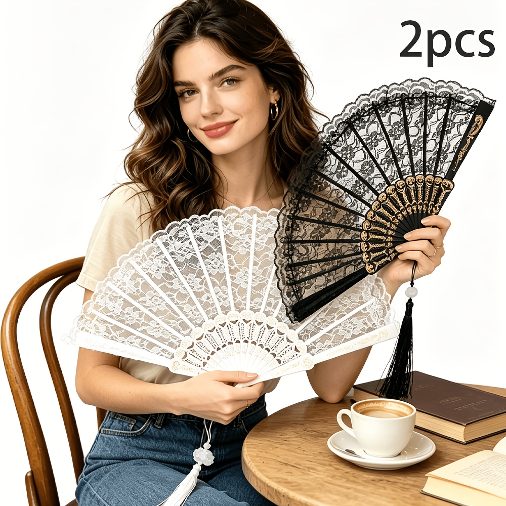 TEMU 2 Black And White Lace Folding Fans, Elegant Lace Folding Hand Fan - Retro Style, Portable And Foldable, Suitable For Photography And Decorative