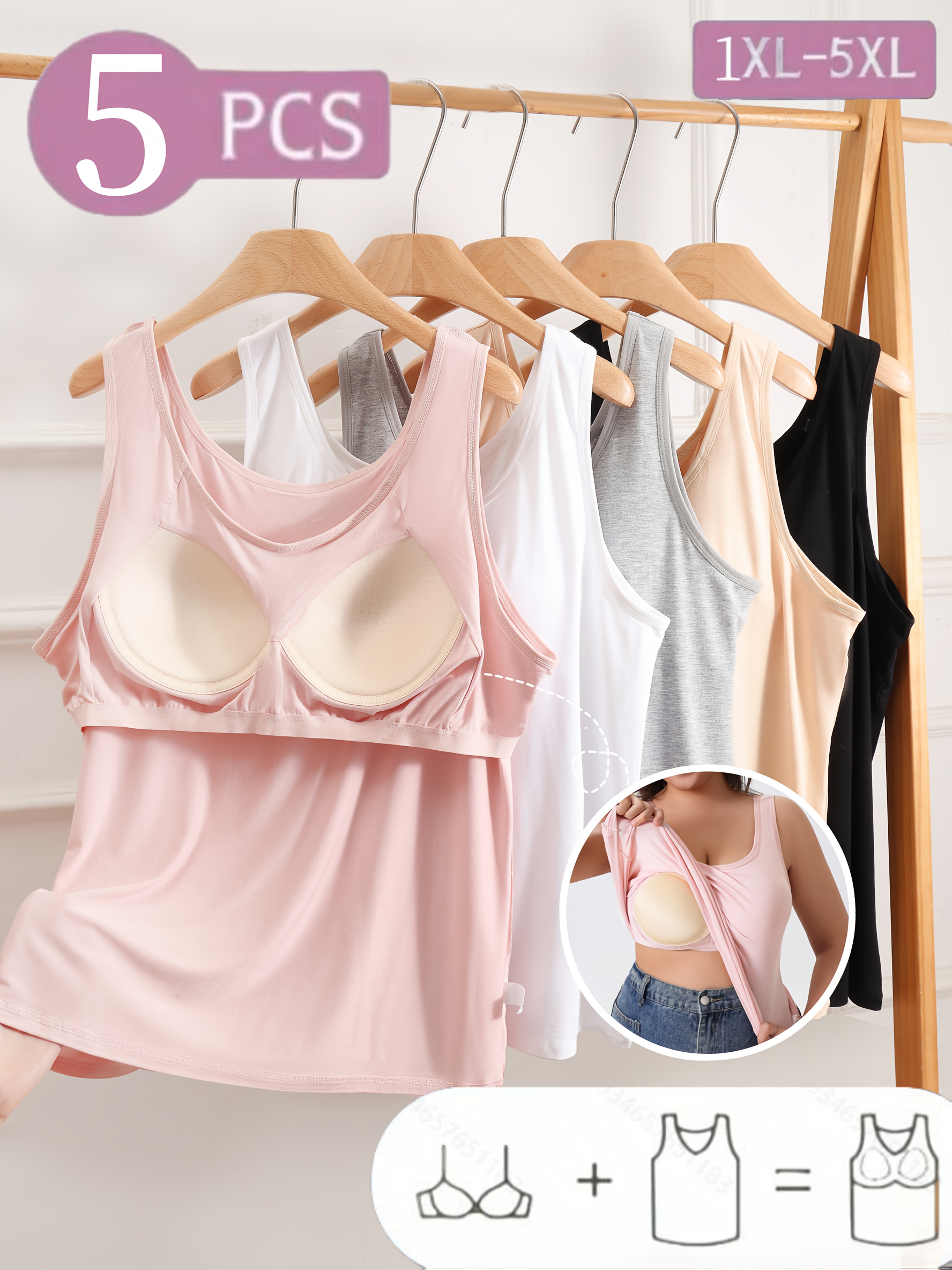 トップス TUCK VOLUME CAMISOLE WITH INNER BRA MIX 5pcs set womens plus size camisole bra 2 in 1 camisole top - Temu