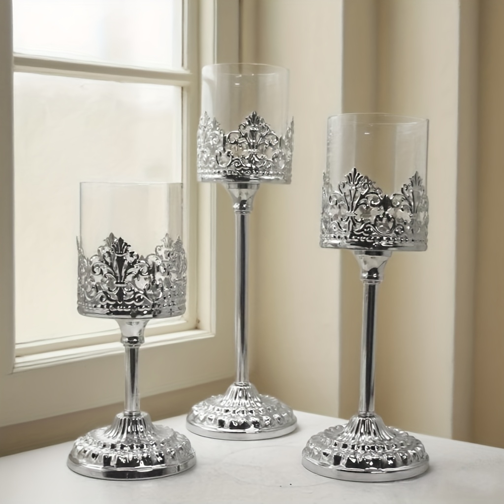 Image of 3ps Metal Carving With Transparent Glass Candlestick, Silvery High-footed Windproof Glass Tabletop Candlestick Used Indoors And Outdoors, European-style Decoration Ornaments