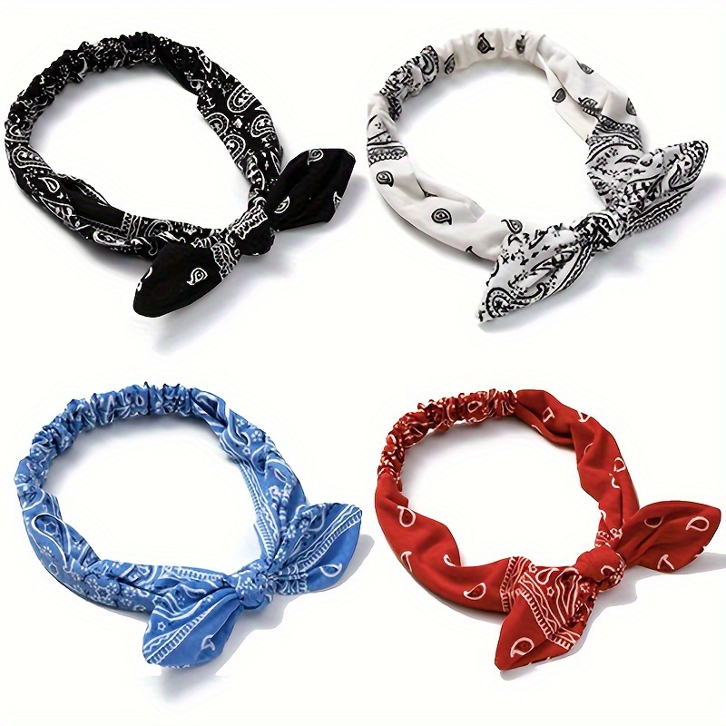 Image of 4pcs Women's Bohemian Vintage Paisley Bunny Ear Bowknot Headband - Ear Hair Suitable For, Themed Parties, Outdoor Activities