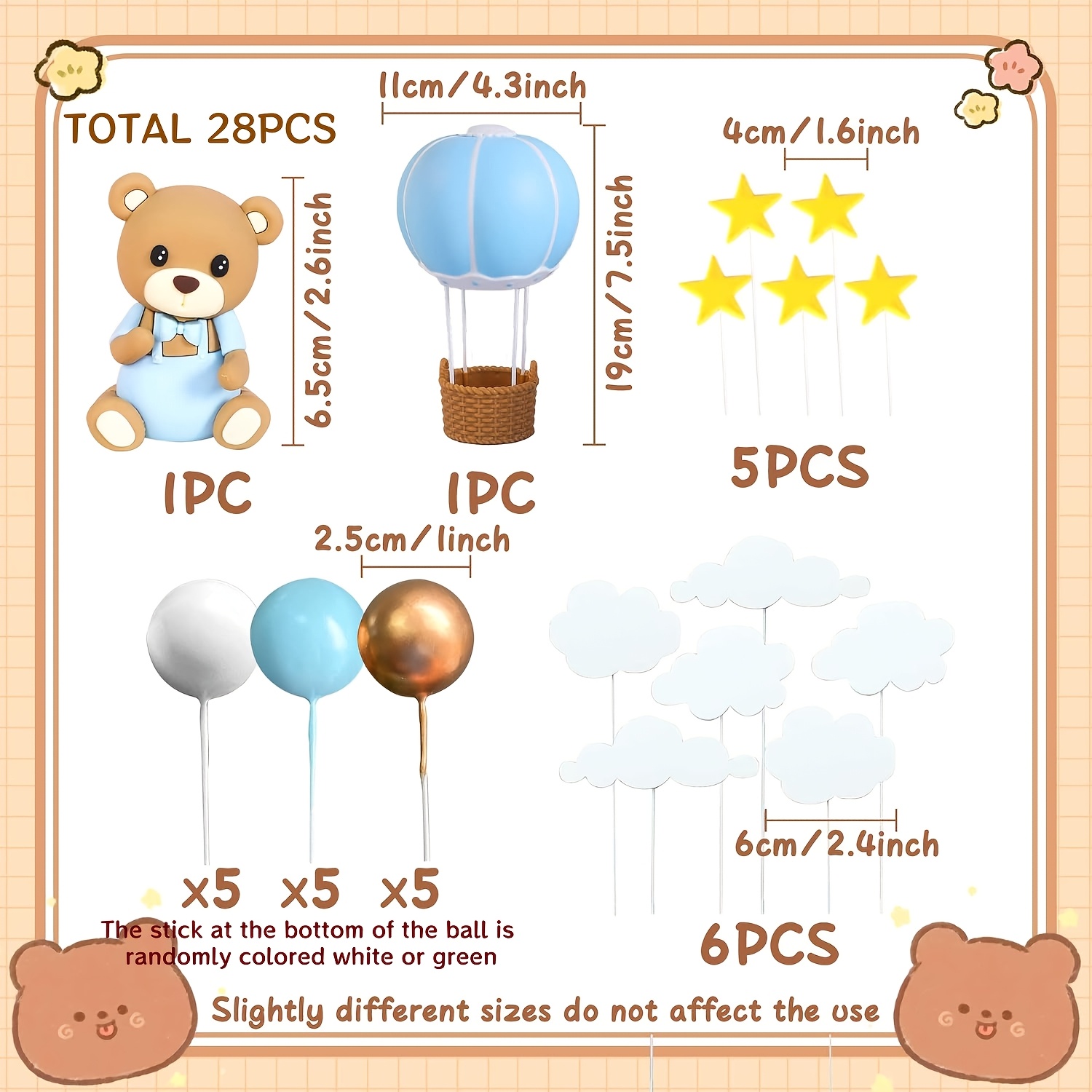 Image of Laventy 28pcs Bear Cake Decoration Blue Cake Topper Hot Air Balloons Cake Cake Decoration Gender Reveal Birthday Cake Decoration (the Color Of The Stick At Of The Ball Is Random)